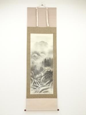 敬山筆　水墨山水　肉筆絹本掛軸（共箱）